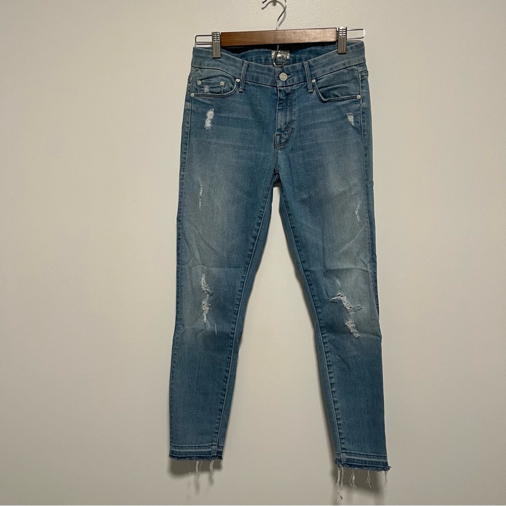 Mother Undone Hem Looker Crop Cliffhanger Blue Distressed Cut Off Jeans 27